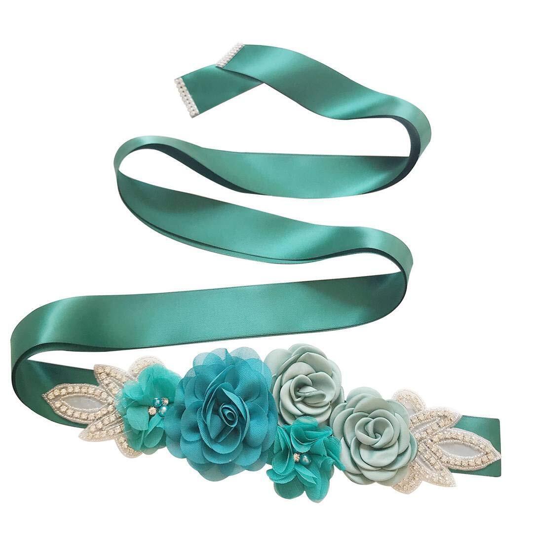 8889 Dark Green Rhinestone Belts For Women Flowers Pearl Crystal Beaded